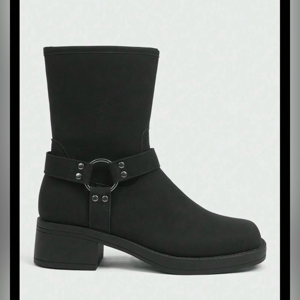 Black Combat Moto Boots with Harness Detail